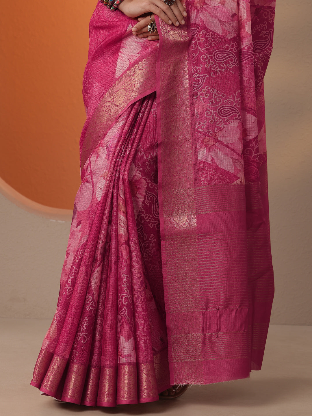  Pink Printed Kota Saree With Unstitched Blouse Piece 