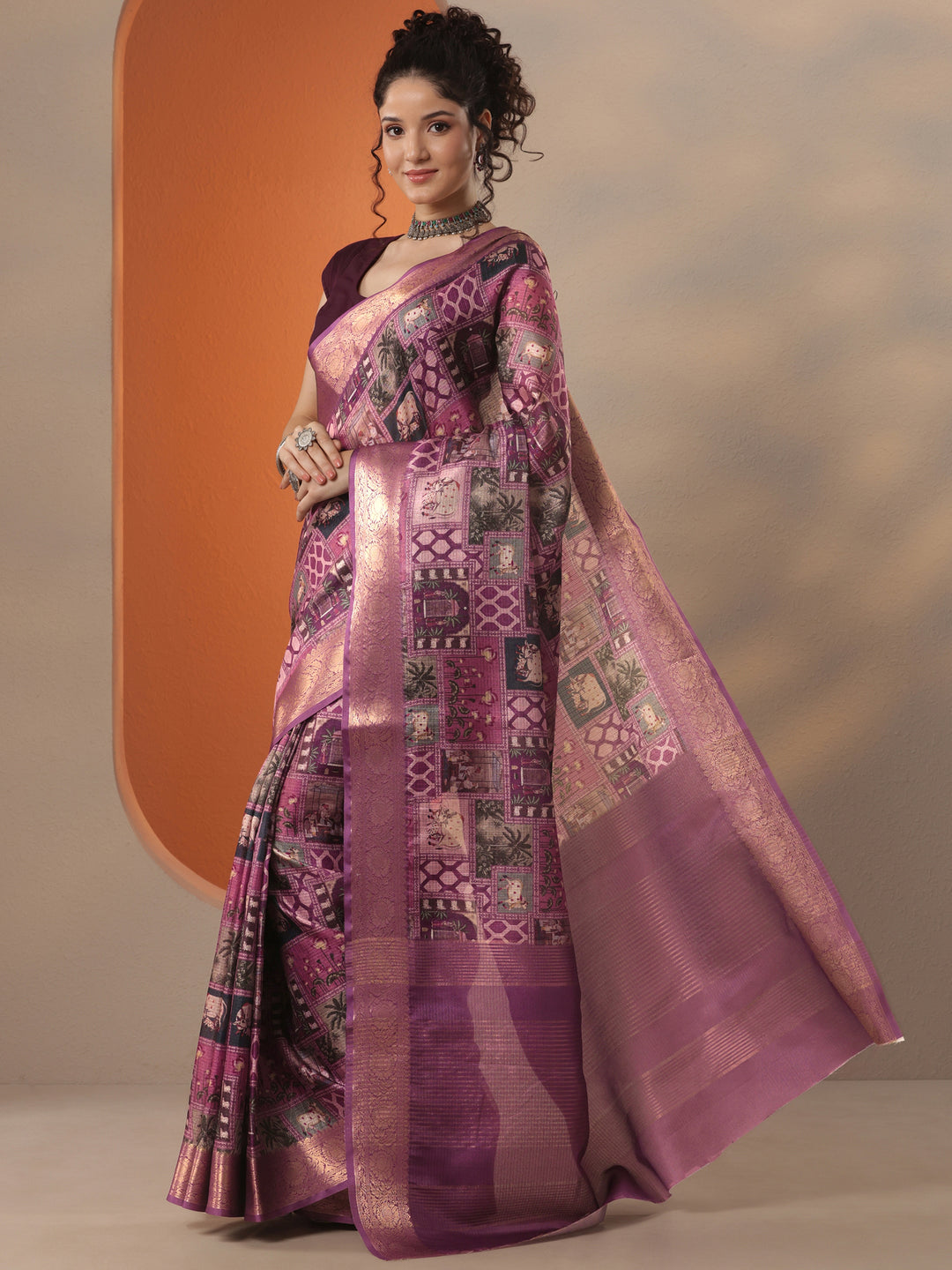  Purple Tribal Printed Kota Saree With Unstitched Blouse Piece 