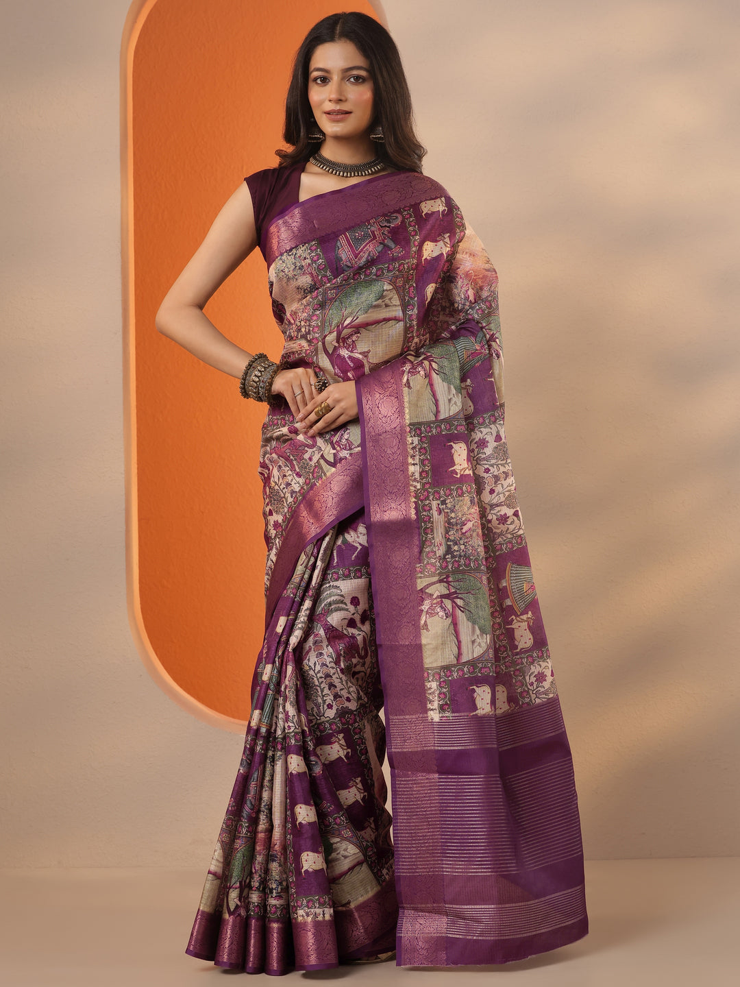  Burgundy Tribal Printed Kota Saree With Unstitched Blouse Piece 