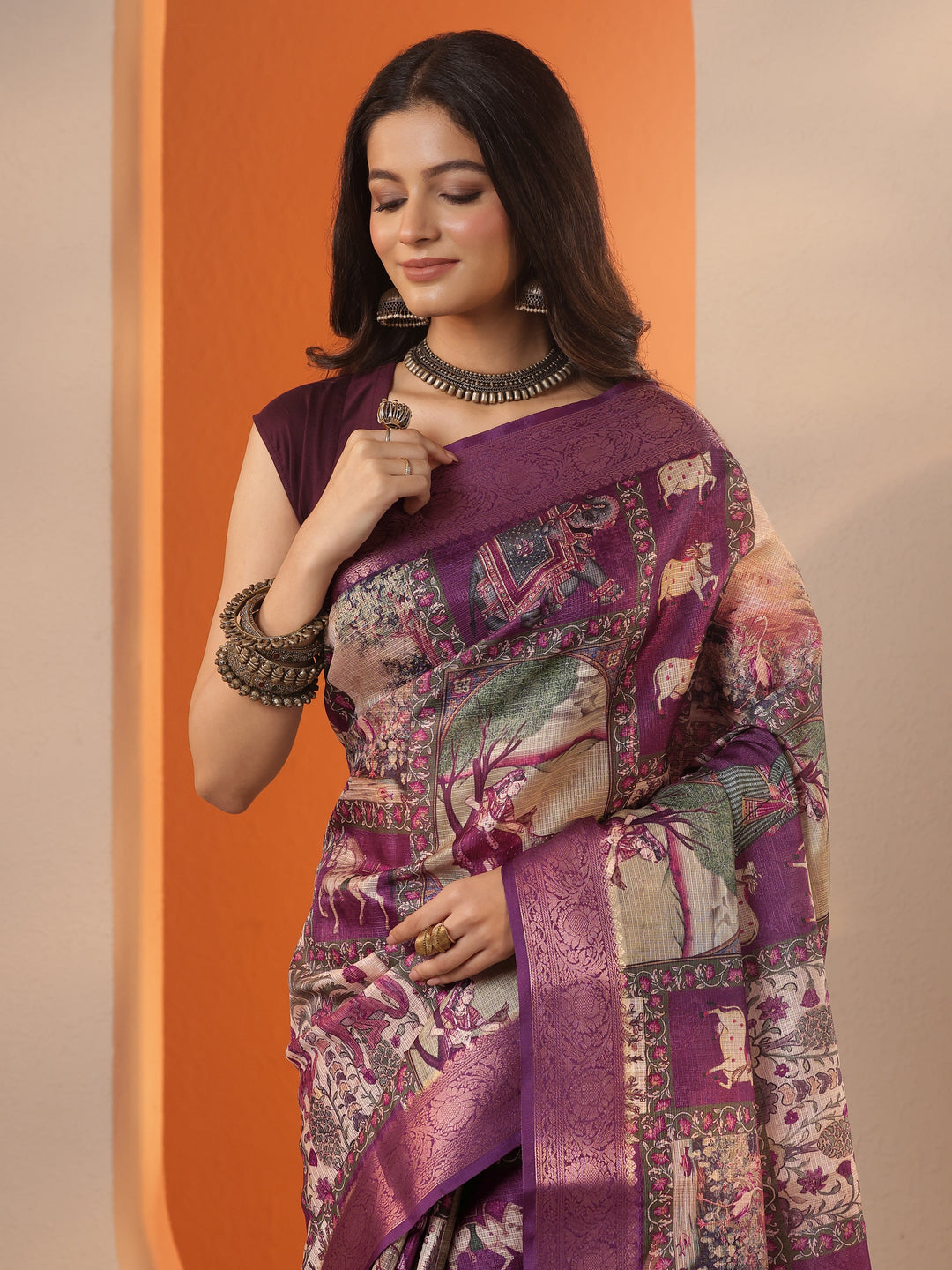  Burgundy Tribal Printed Kota Saree With Unstitched Blouse Piece 