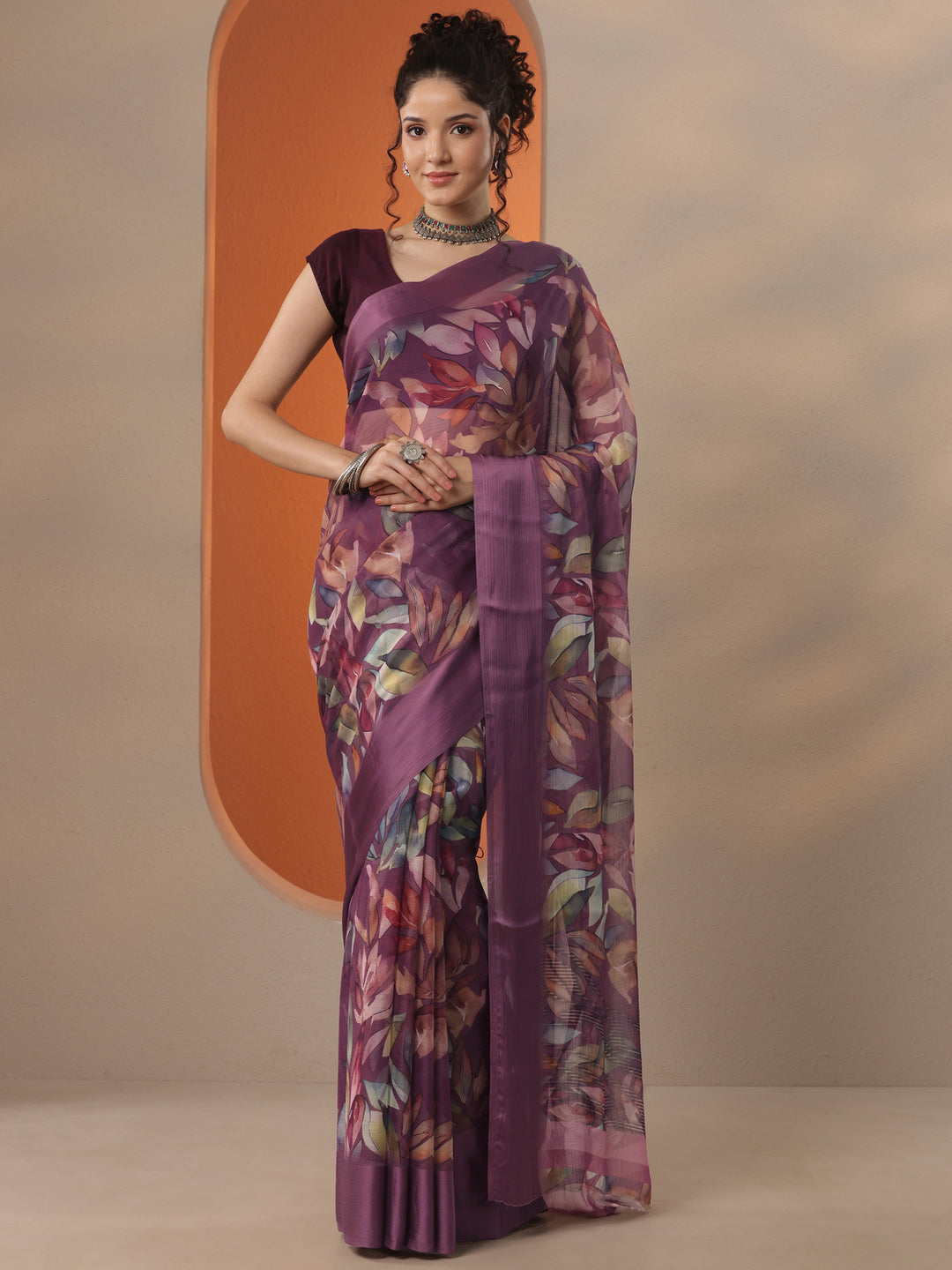  Burgundy  Printed Chinon Saree With Unstitched Blouse Piece 