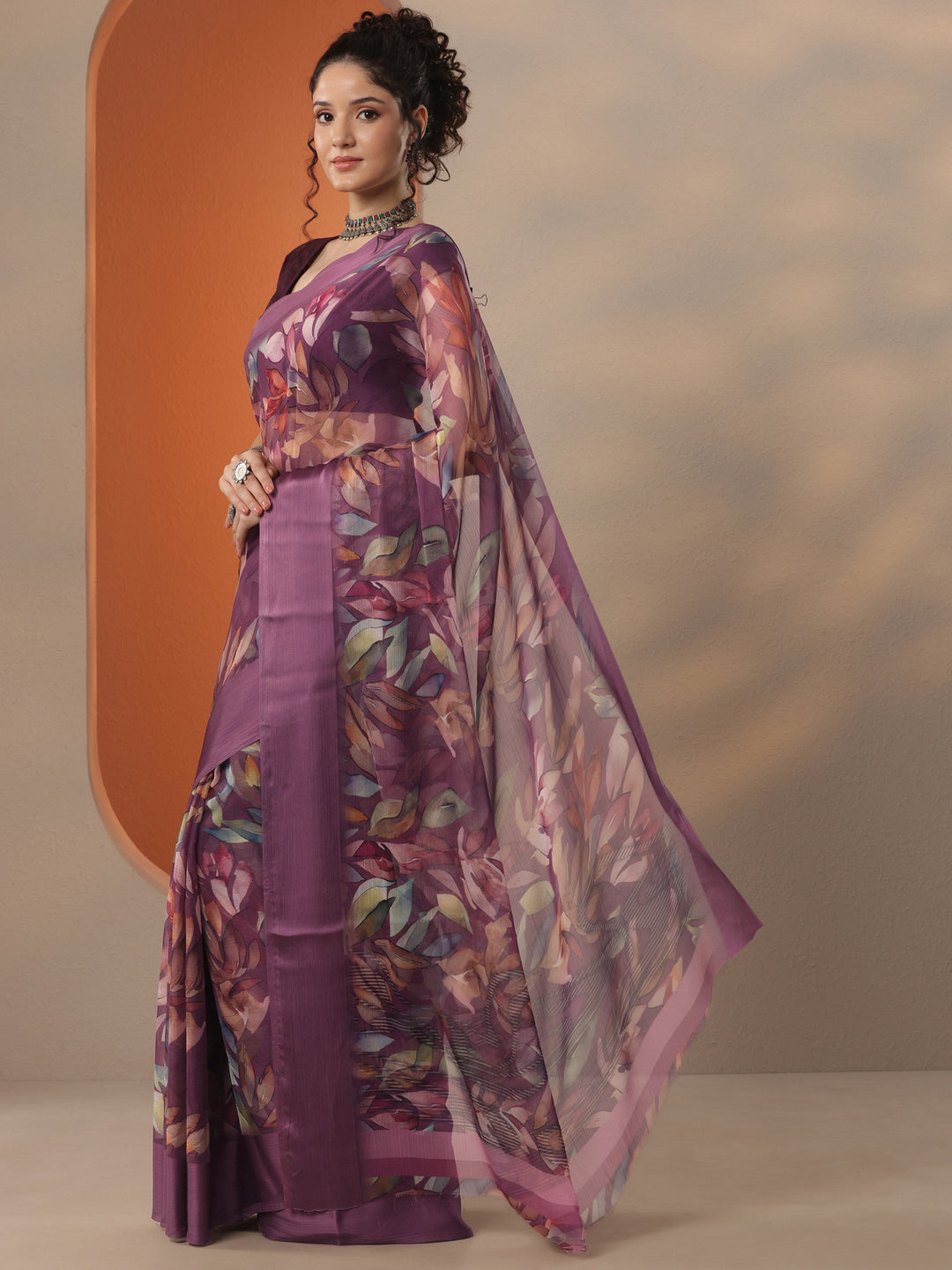  Burgundy  Printed Chinon Saree With Unstitched Blouse Piece 