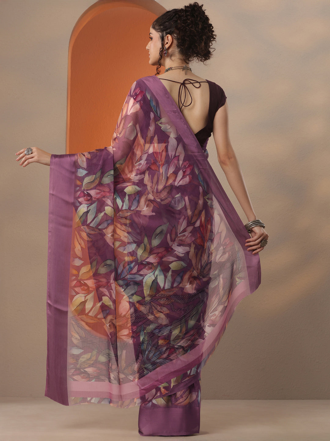  Burgundy  Printed Chinon Saree With Unstitched Blouse Piece 