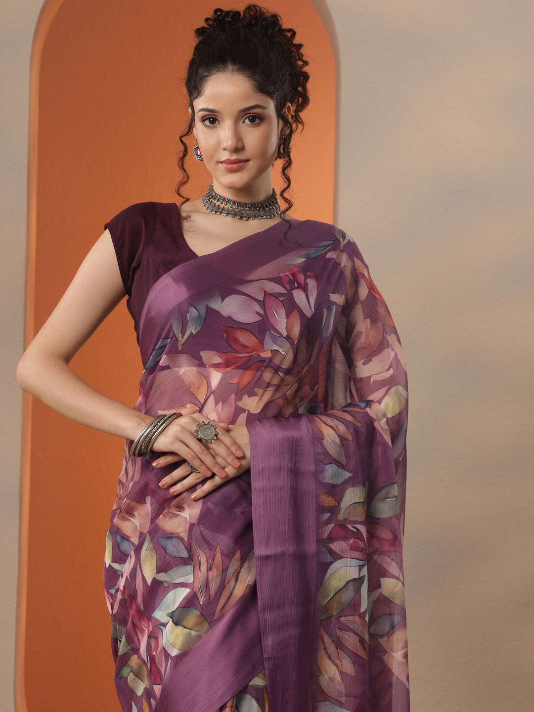  Burgundy  Printed Chinon Saree With Unstitched Blouse Piece 