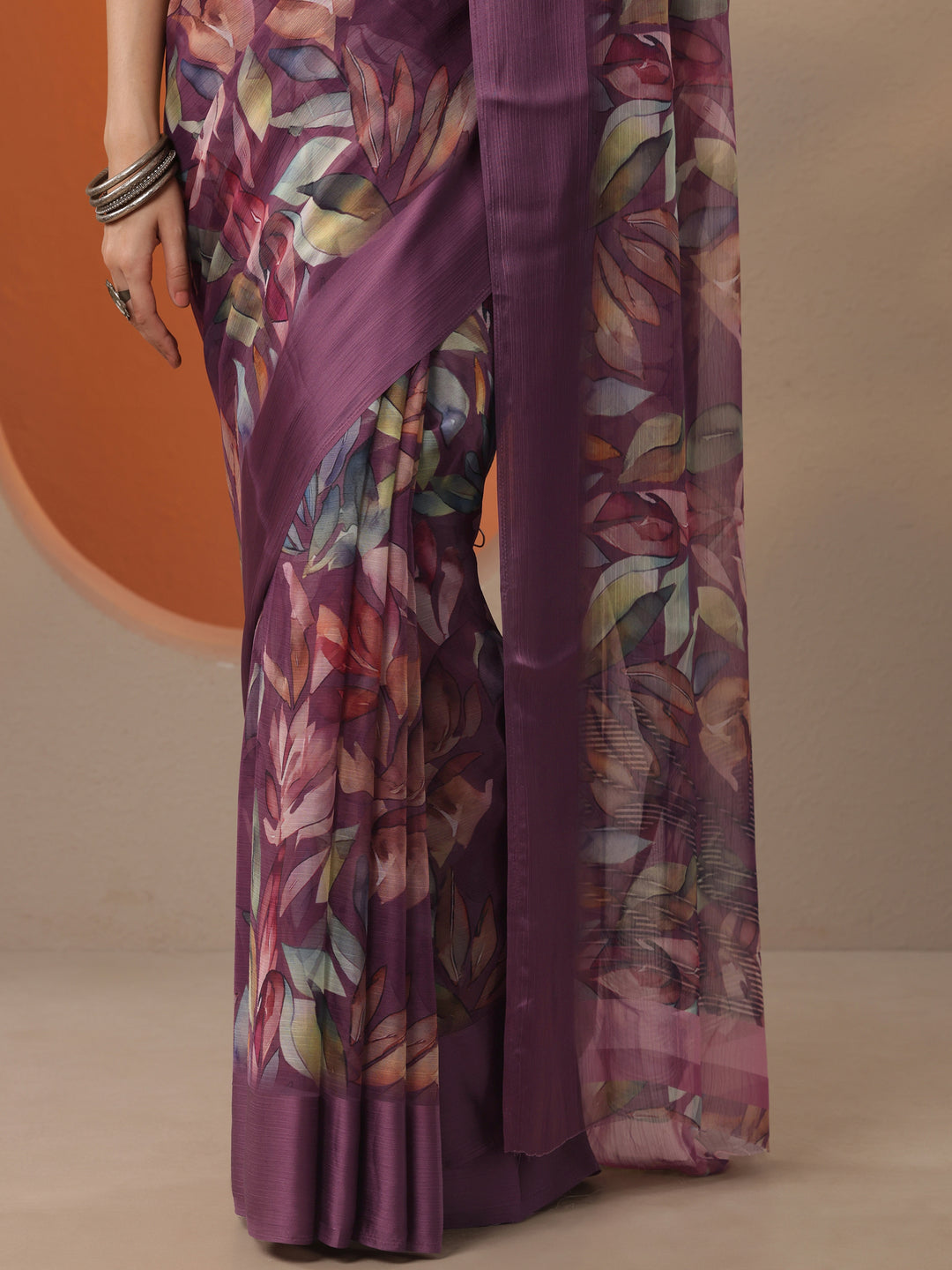  Burgundy  Printed Chinon Saree With Unstitched Blouse Piece 