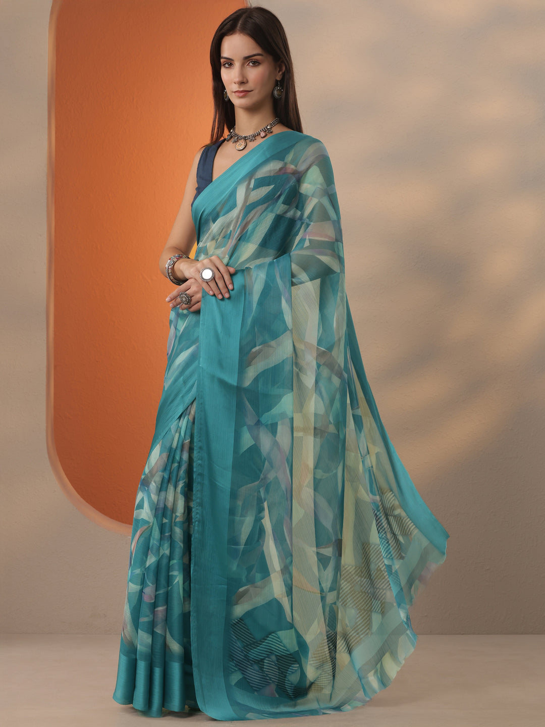  Teal Printed Chinon Saree With Unstitched Blouse Piece 