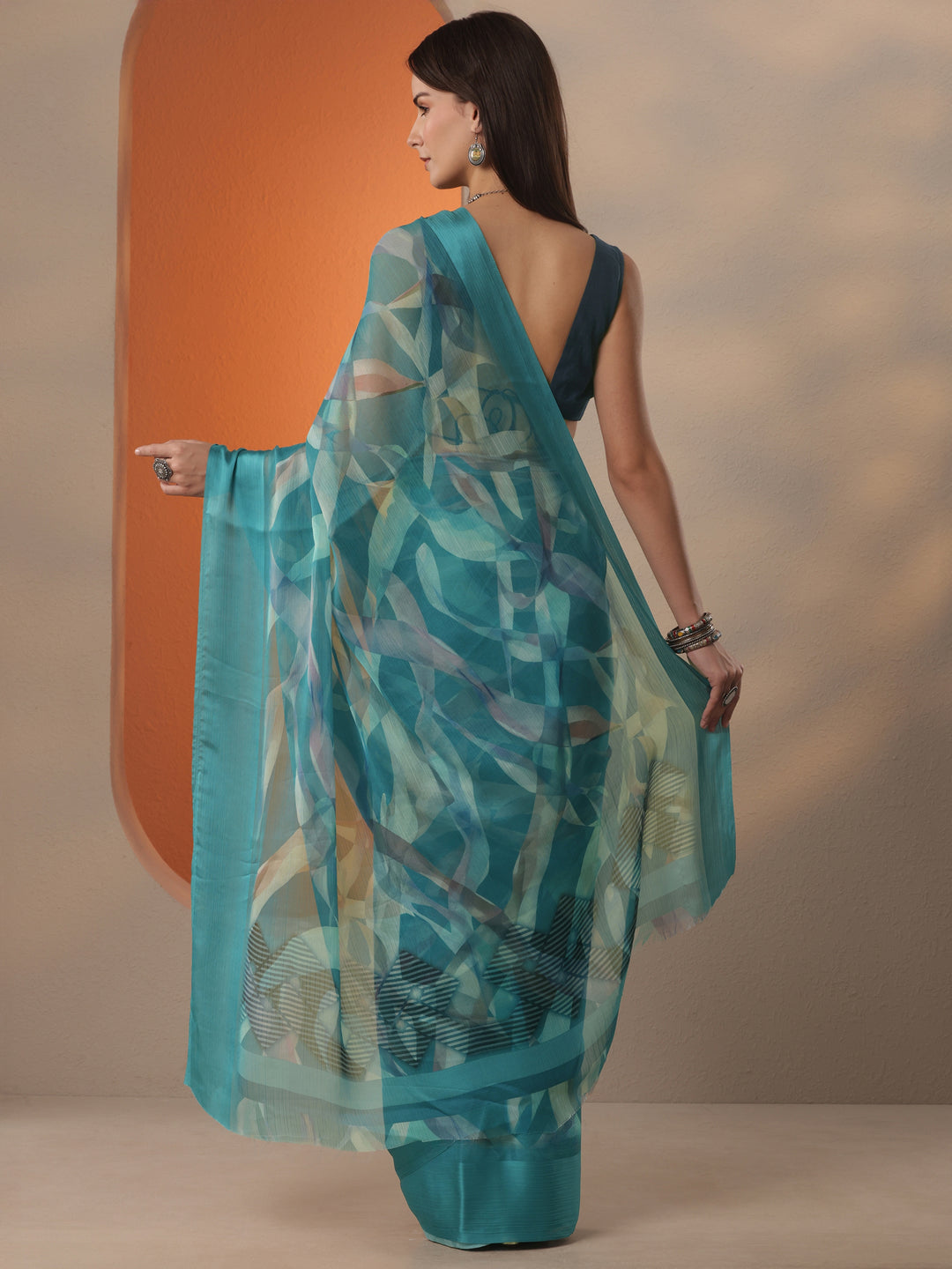  Teal Printed Chinon Saree With Unstitched Blouse Piece 