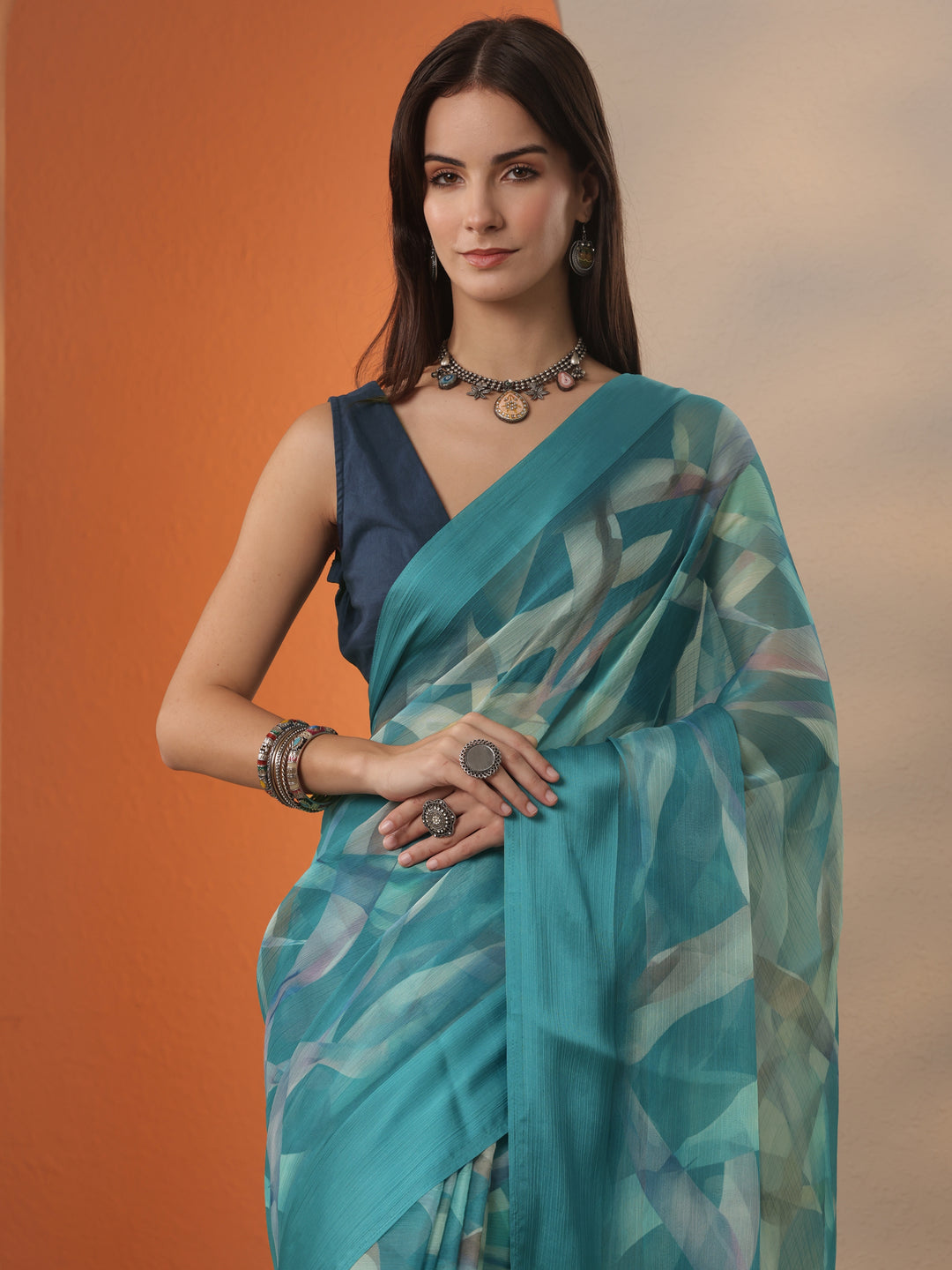  Teal Printed Chinon Saree With Unstitched Blouse Piece 