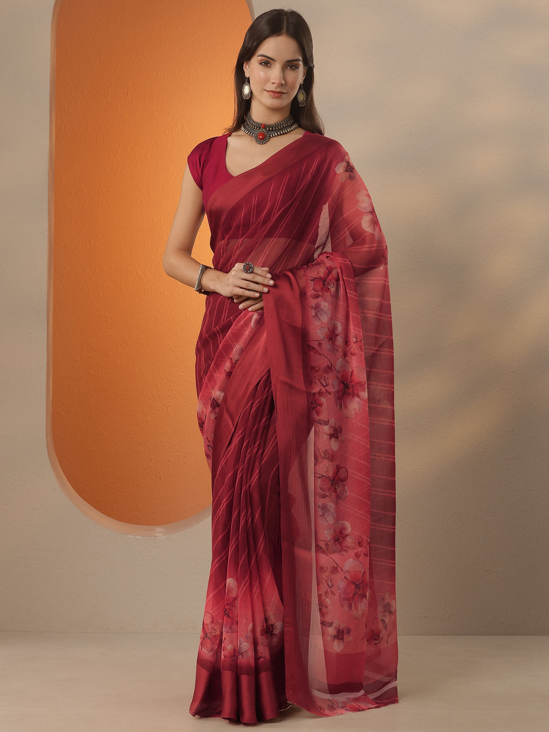  Red Leheriya Printed Chinon Saree With Unstitched Blouse Piece 