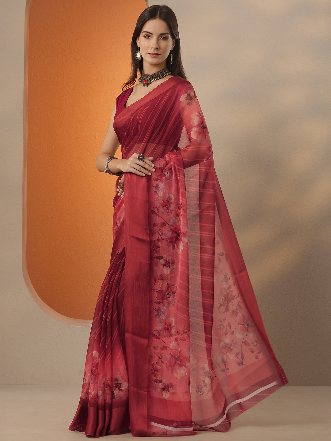  Red Leheriya Printed Chinon Saree With Unstitched Blouse Piece 