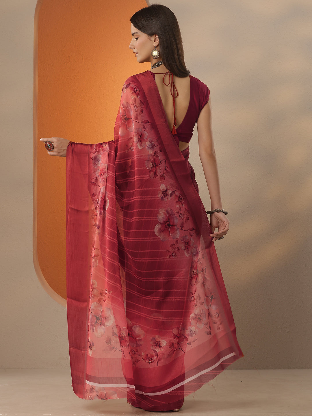  Red Leheriya Printed Chinon Saree With Unstitched Blouse Piece 