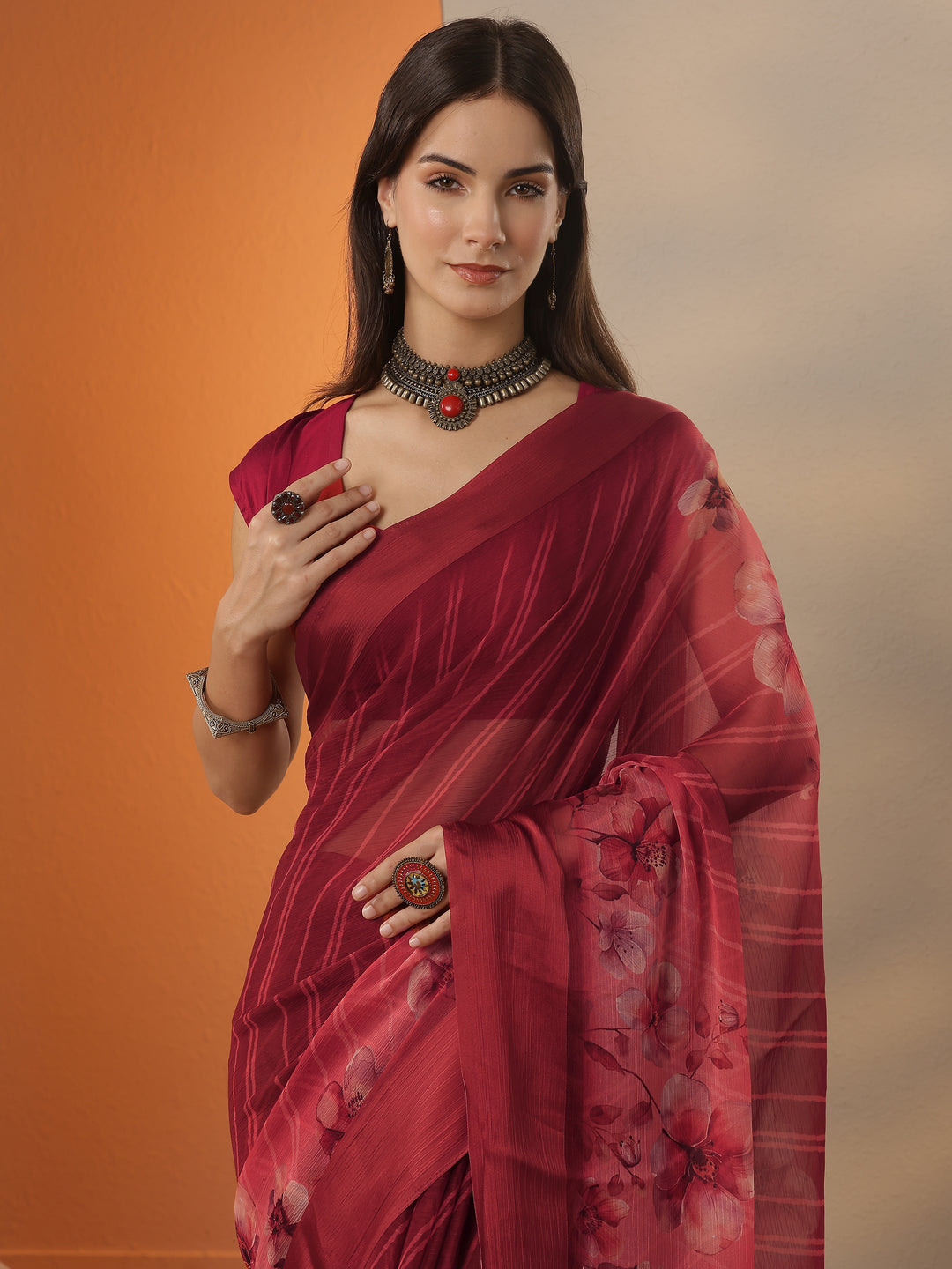  Red Leheriya Printed Chinon Saree With Unstitched Blouse Piece 