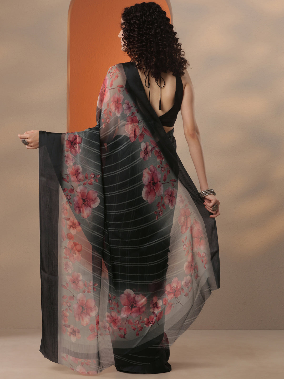  Black Leheriya Printed Chinon Saree With Unstitched Blouse Piece 