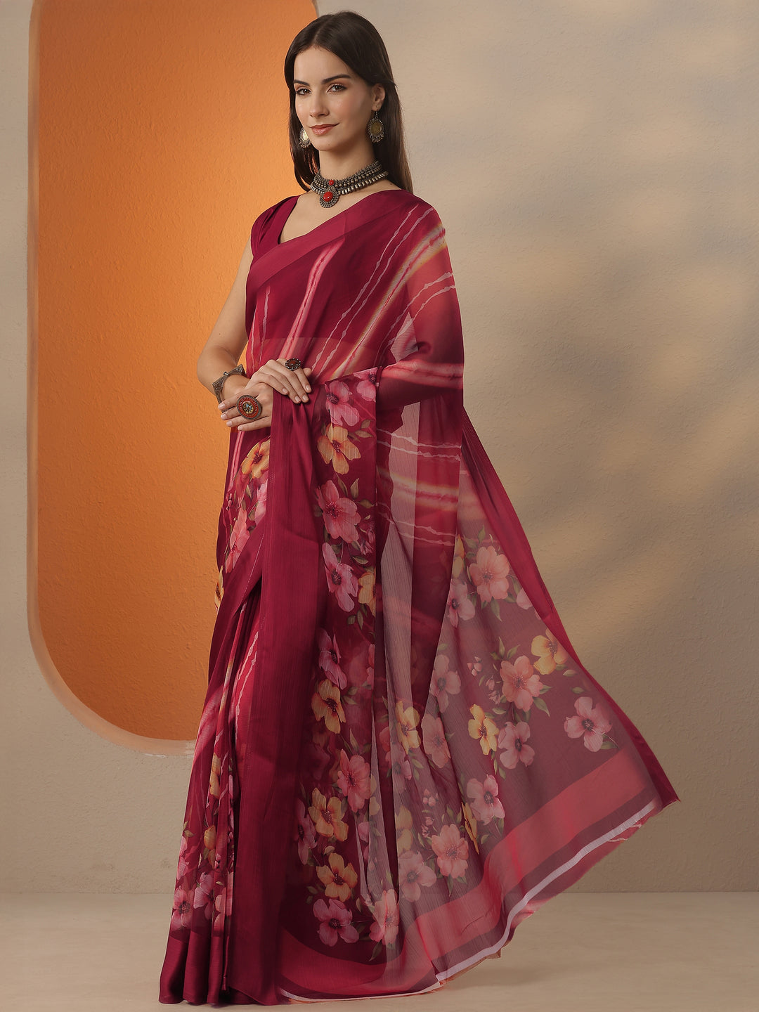  Red Leheriya Printed Chinon Saree With Unstitched Blouse Piece 