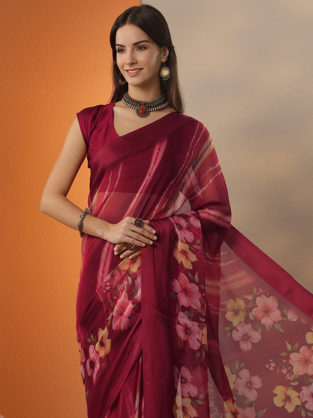  Red Leheriya Printed Chinon Saree With Unstitched Blouse Piece 