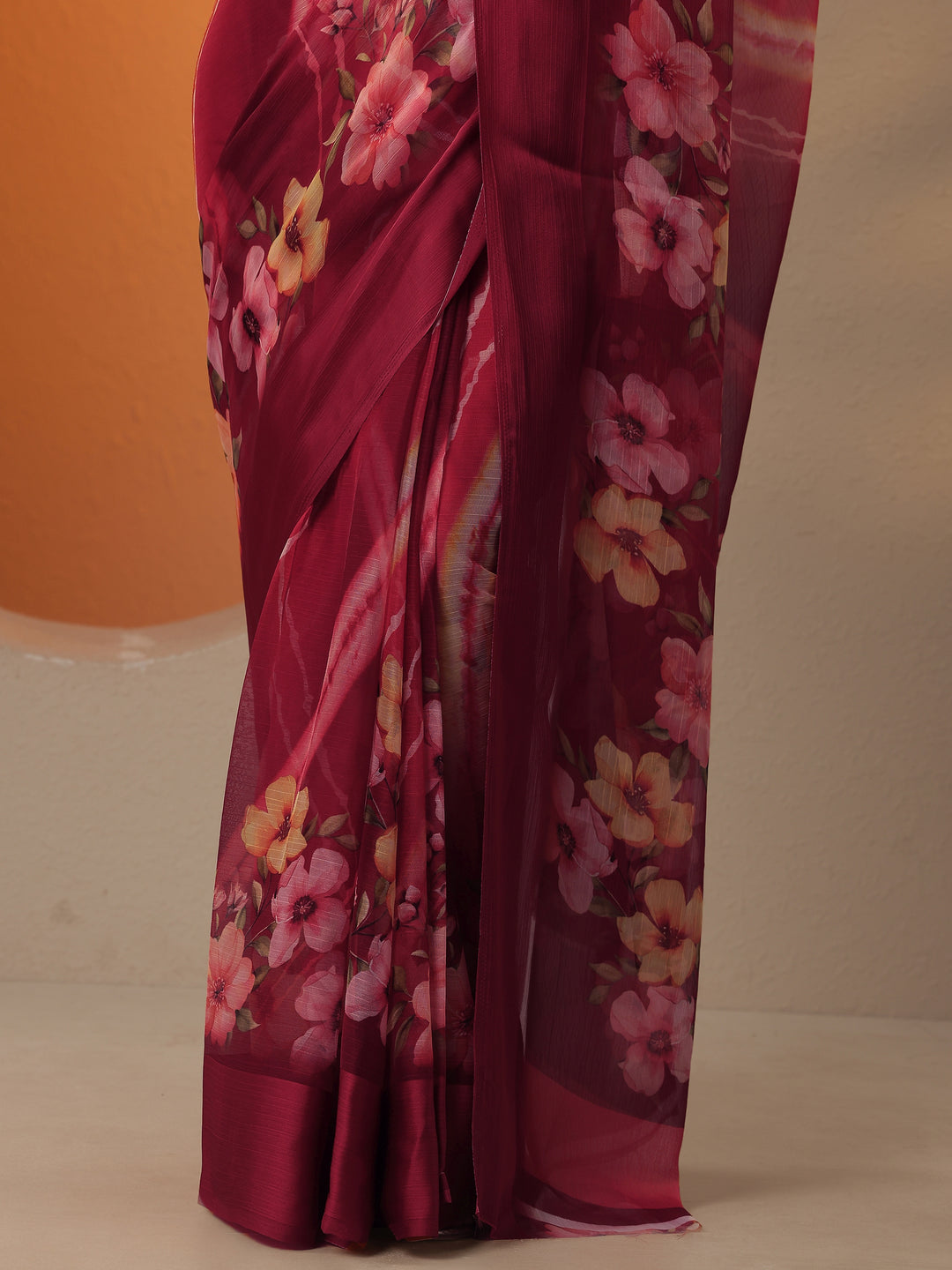  Red Leheriya Printed Chinon Saree With Unstitched Blouse Piece 