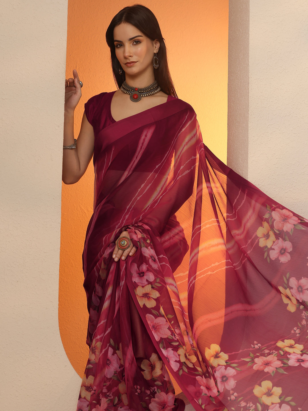 Red Leheriya Printed Chinon Saree With Unstitched Blouse Piece