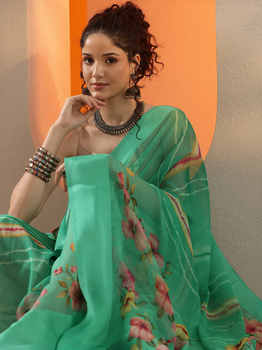  Green Leheriya Printed Chinon Saree With Unstitched Blouse Piece 