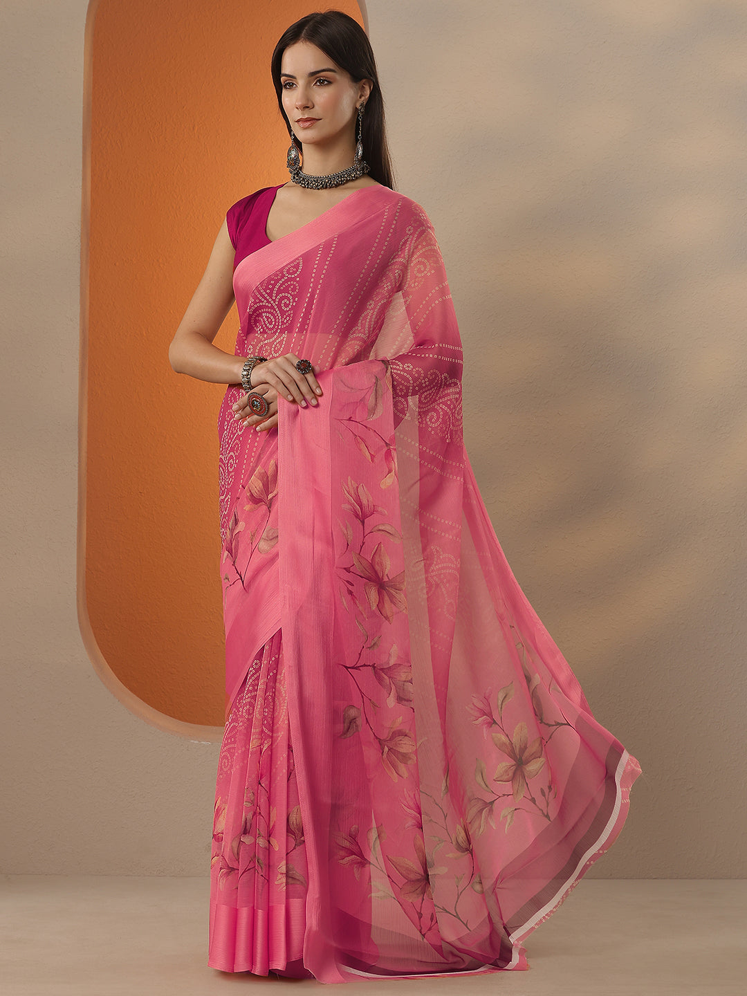  Pink Bandhani Printed Chinon Saree With Unstitched Blouse Piece 