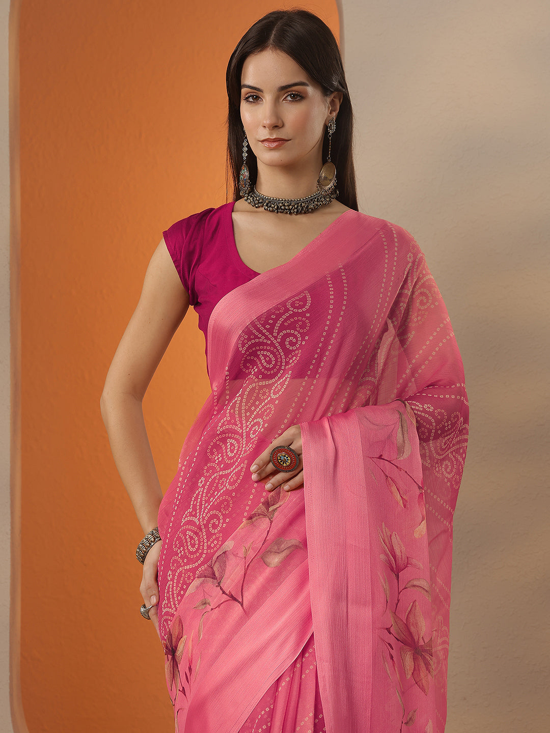  Pink Bandhani Printed Chinon Saree With Unstitched Blouse Piece 