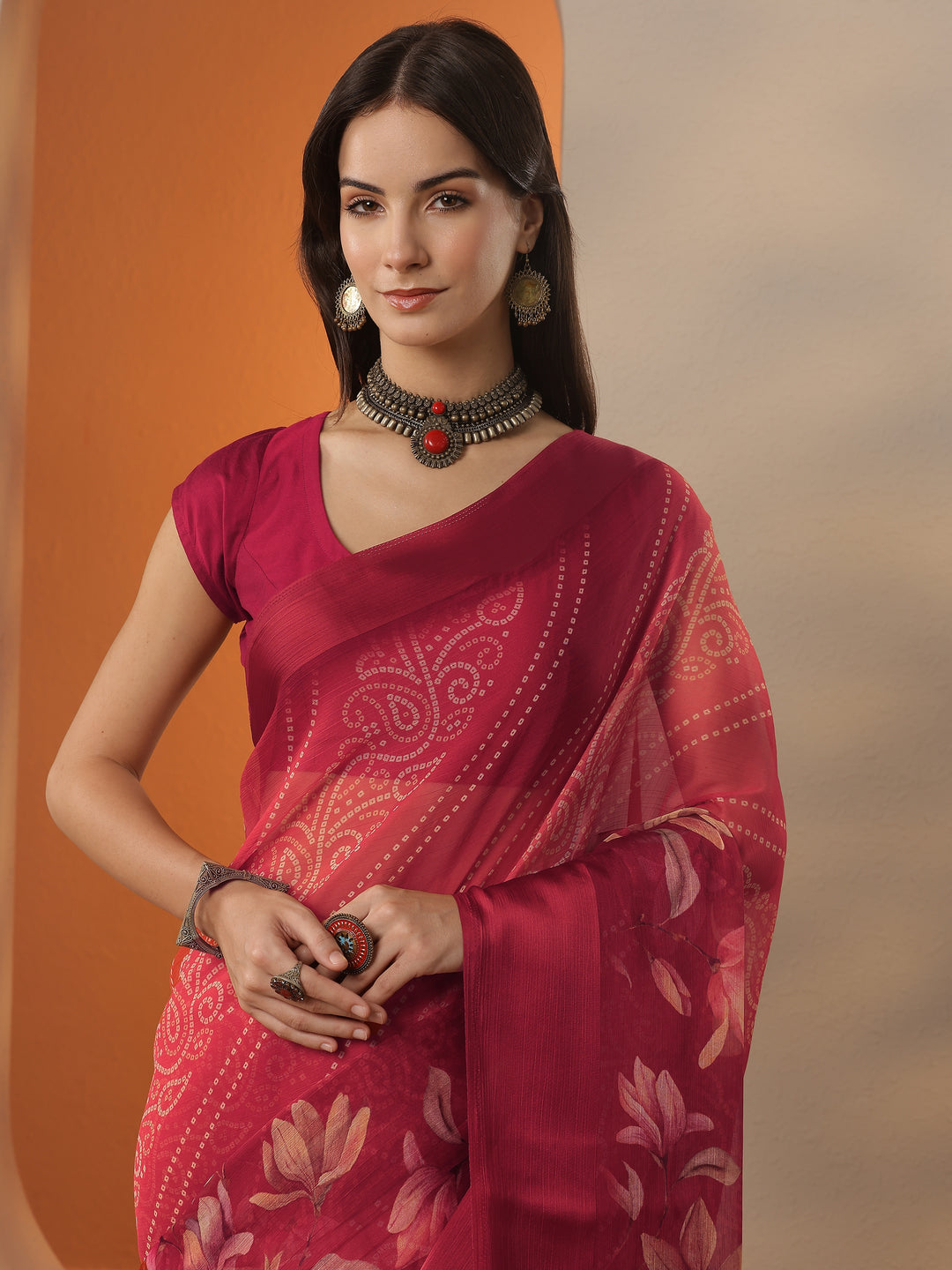  Orange Bandhani Printed Chinon Saree With Unstitched Blouse Piece 