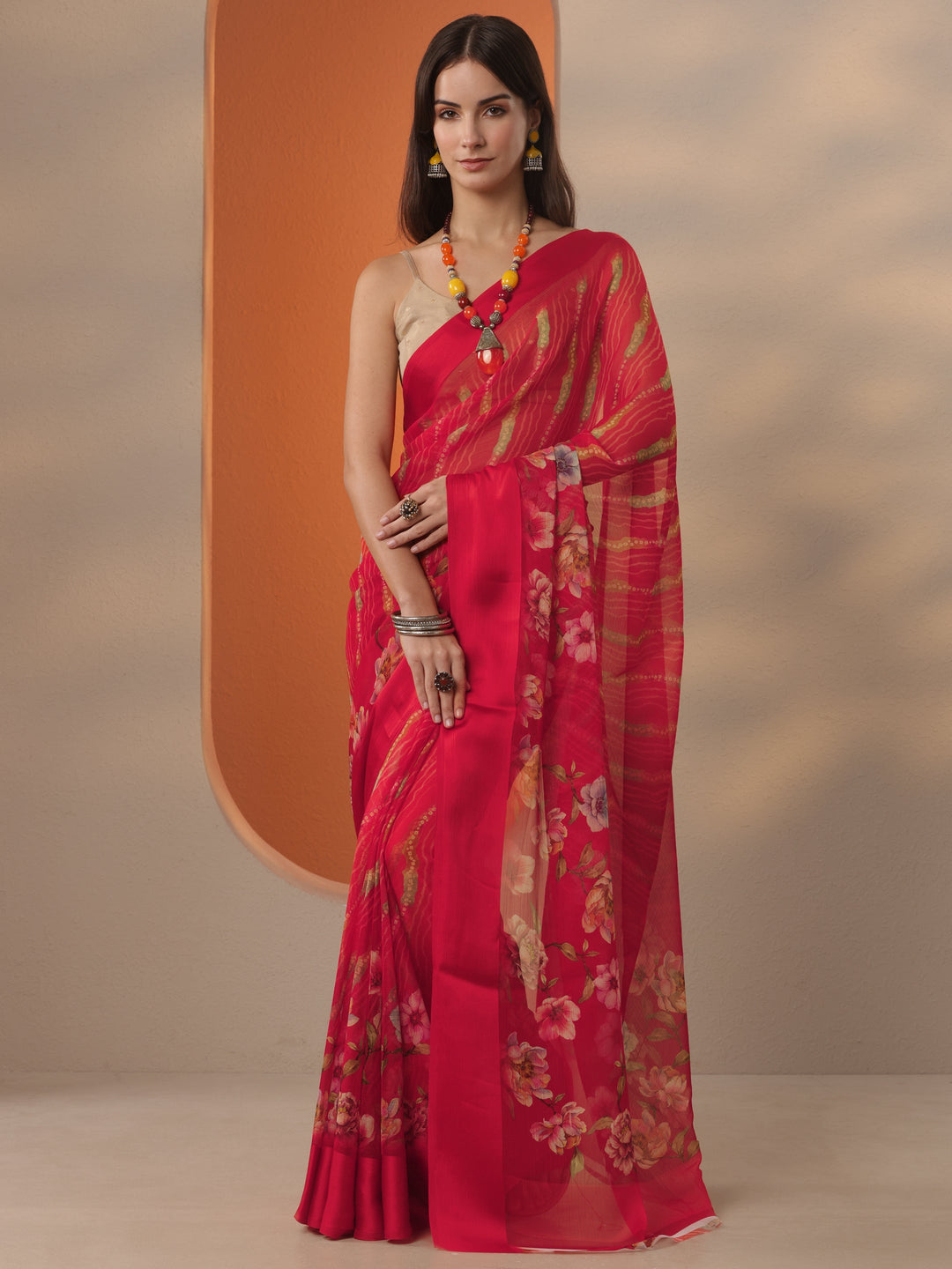  Red Bandhani Printed Chinon Saree With Unstitched Blouse Piece 