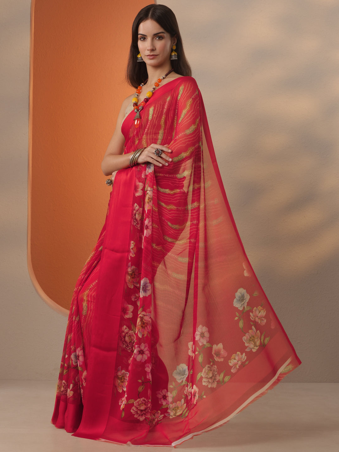  Red Bandhani Printed Chinon Saree With Unstitched Blouse Piece 