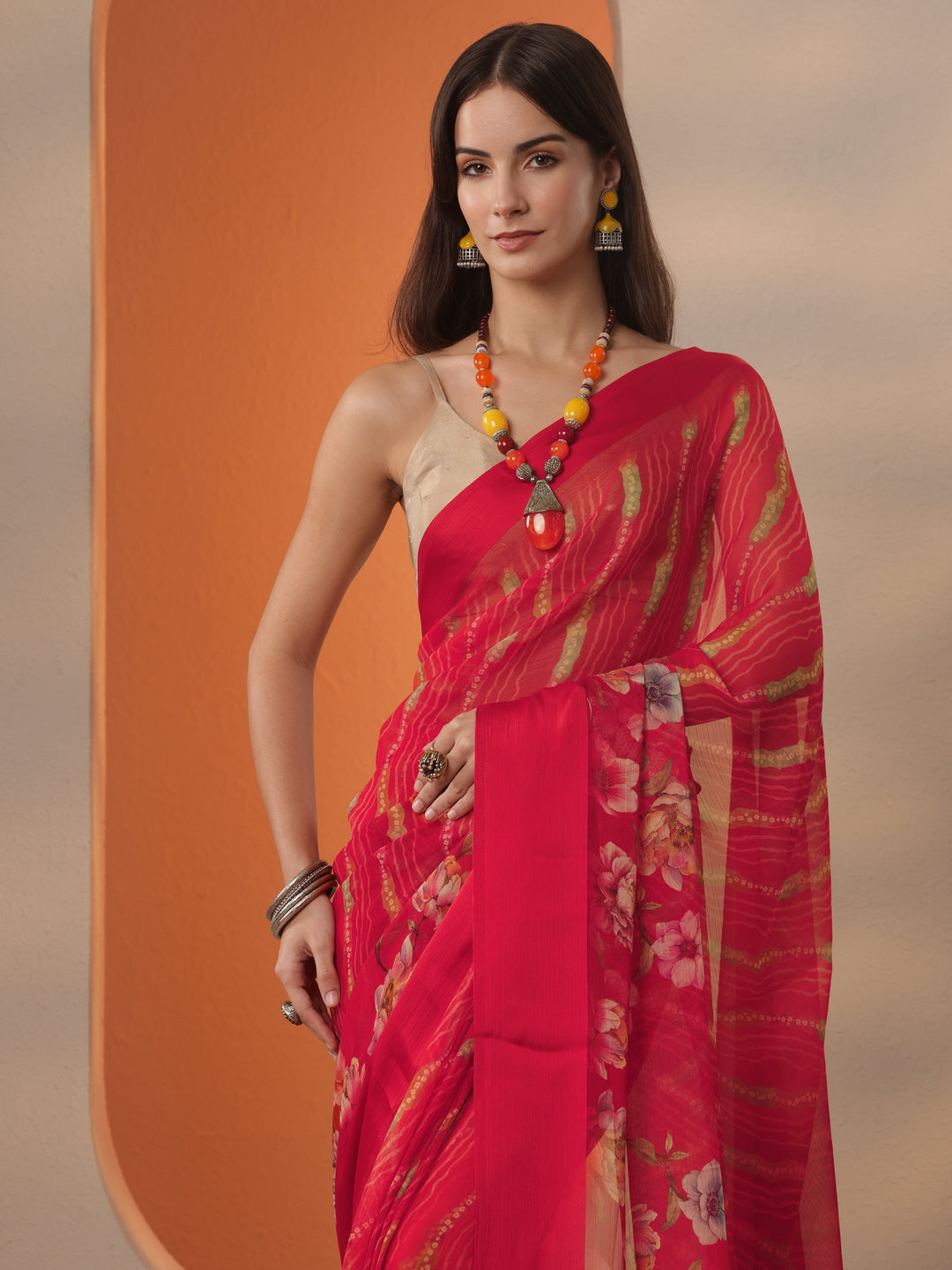  Red Bandhani Printed Chinon Saree With Unstitched Blouse Piece 