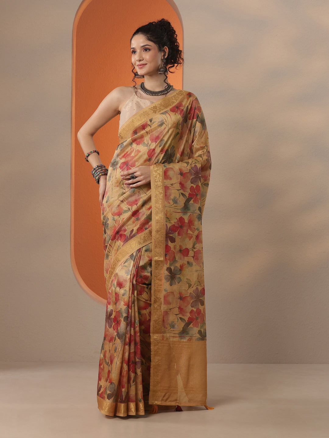  Multi Printed Chinon Saree With Unstitched Blouse Piece 