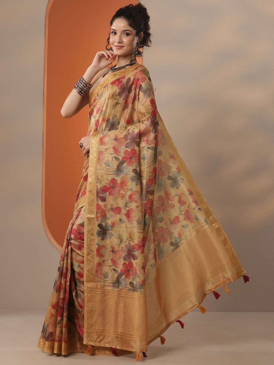  Multi Printed Chinon Saree With Unstitched Blouse Piece 