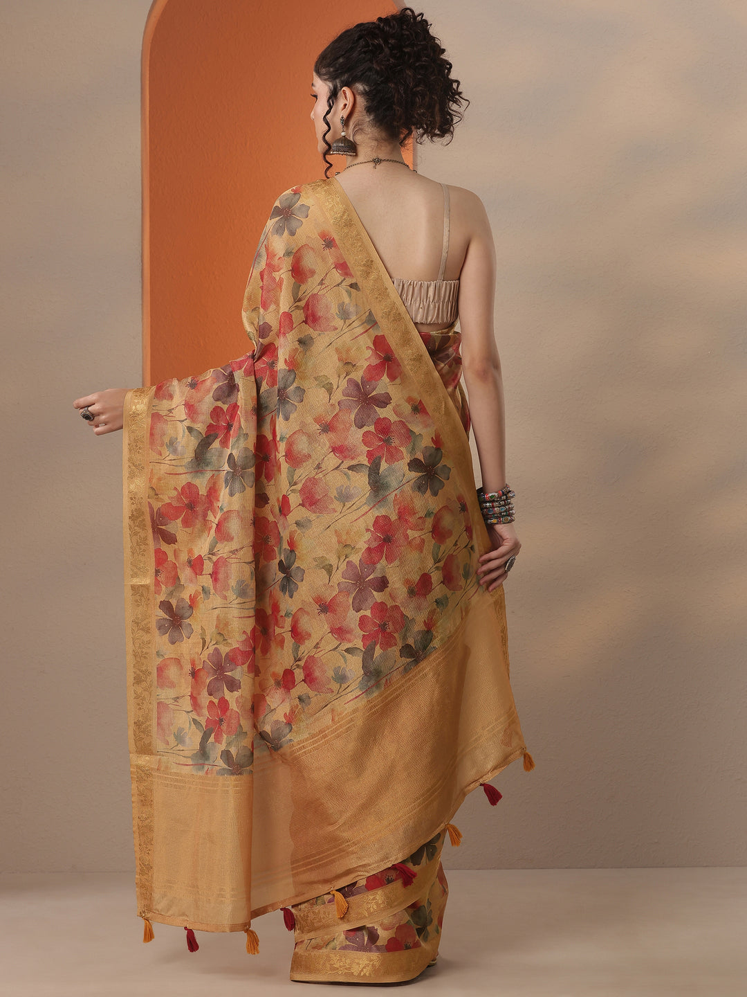  Multi Printed Chinon Saree With Unstitched Blouse Piece 