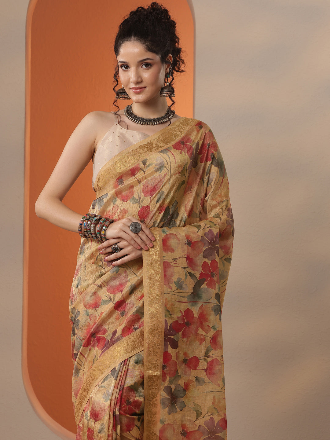  Multi Printed Chinon Saree With Unstitched Blouse Piece 