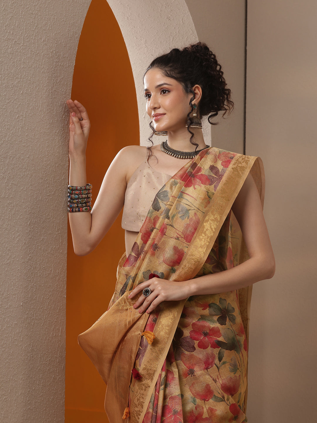  Multi Printed Chinon Saree With Unstitched Blouse Piece 