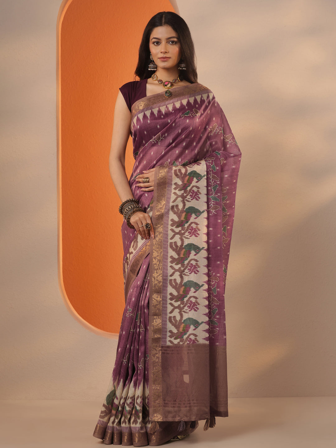  Burgundy Printed Chinon Saree With Unstitched Blouse Piece 