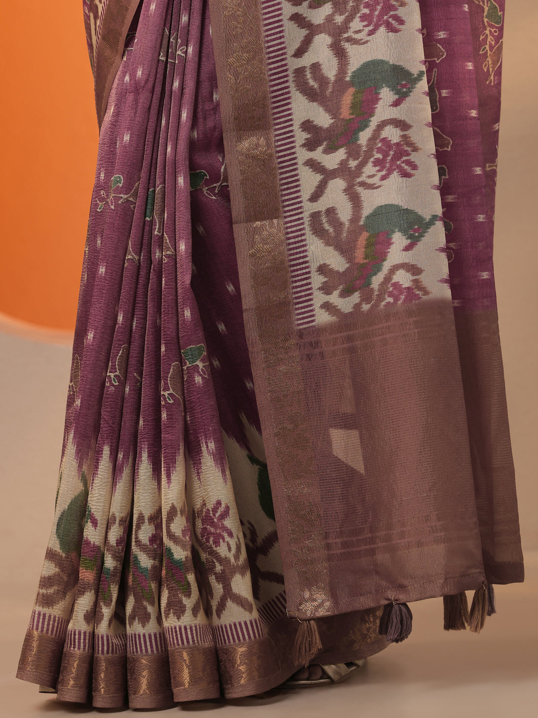  Burgundy Printed Chinon Saree With Unstitched Blouse Piece 