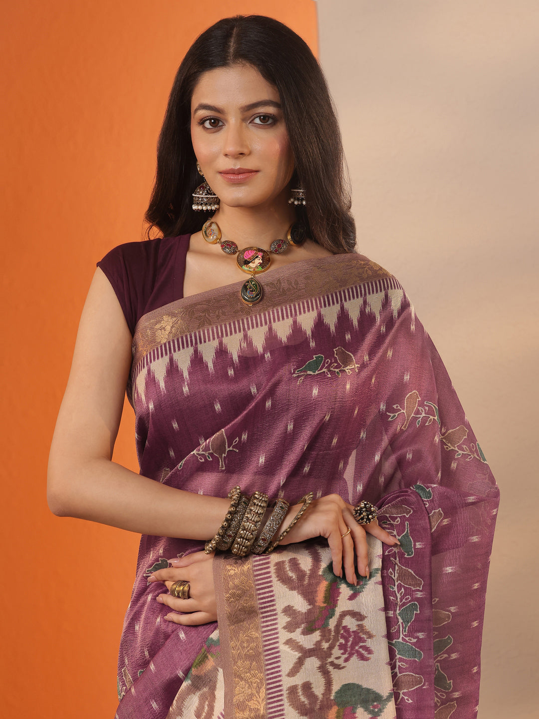  Burgundy Printed Chinon Saree With Unstitched Blouse Piece 