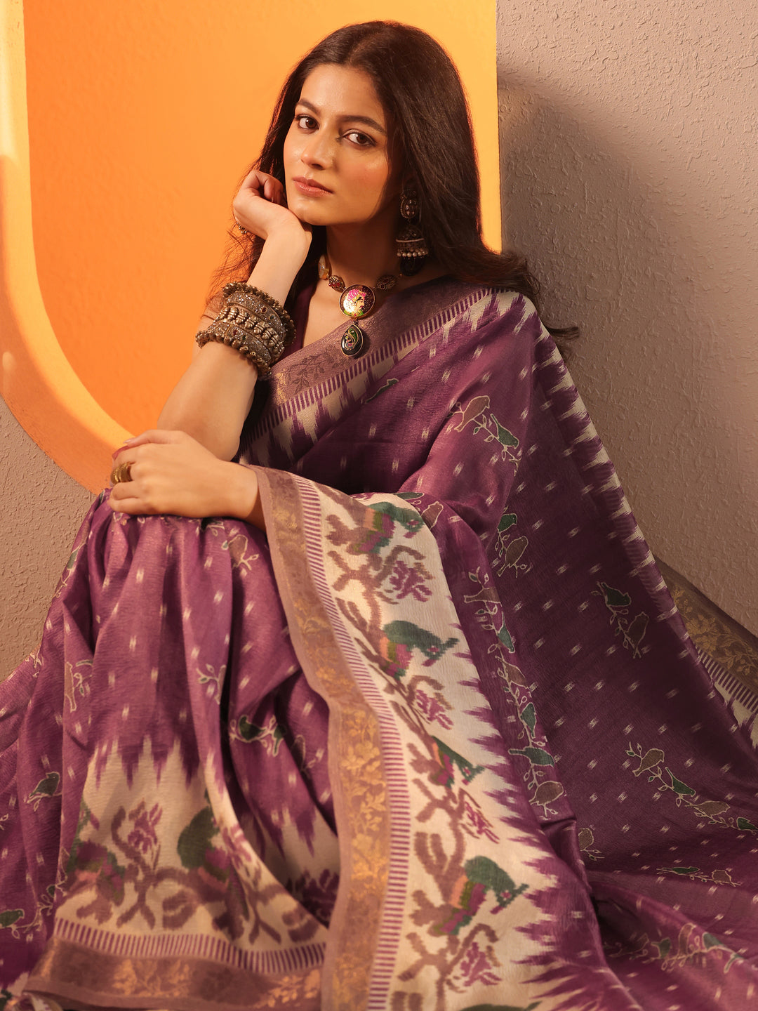  Burgundy Printed Chinon Saree With Unstitched Blouse Piece 