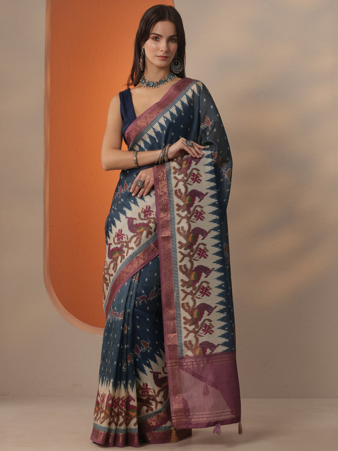  Blue Printed Chinon Saree With Unstitched Blouse Piece 
