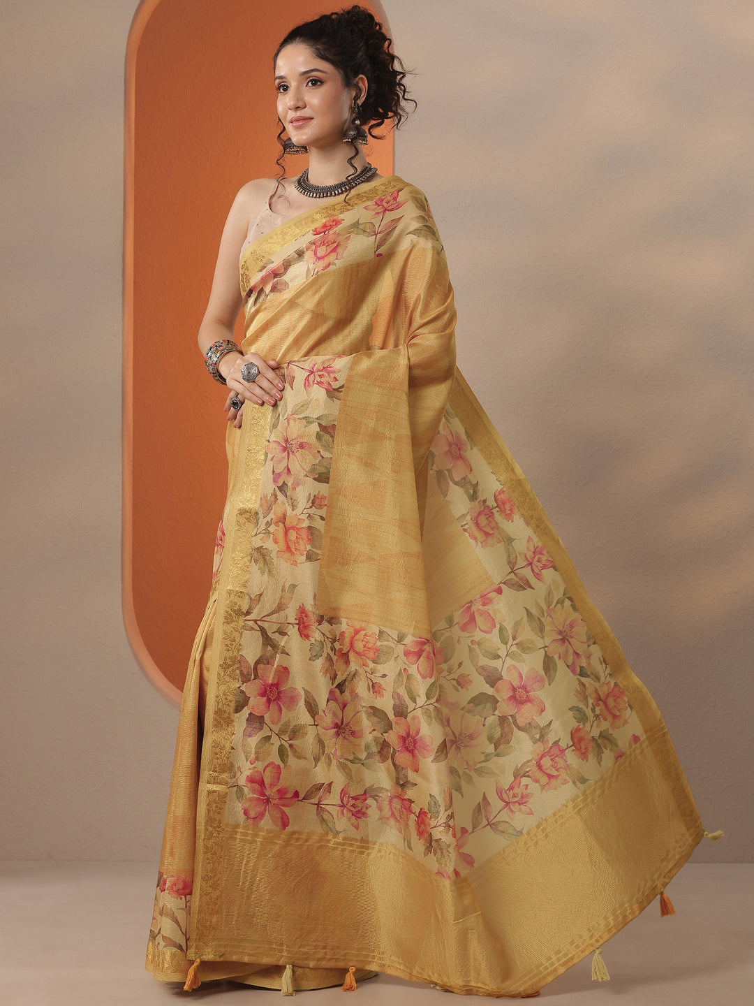  Mustard Printed Chinon Saree With Unstitched Blouse Piece 