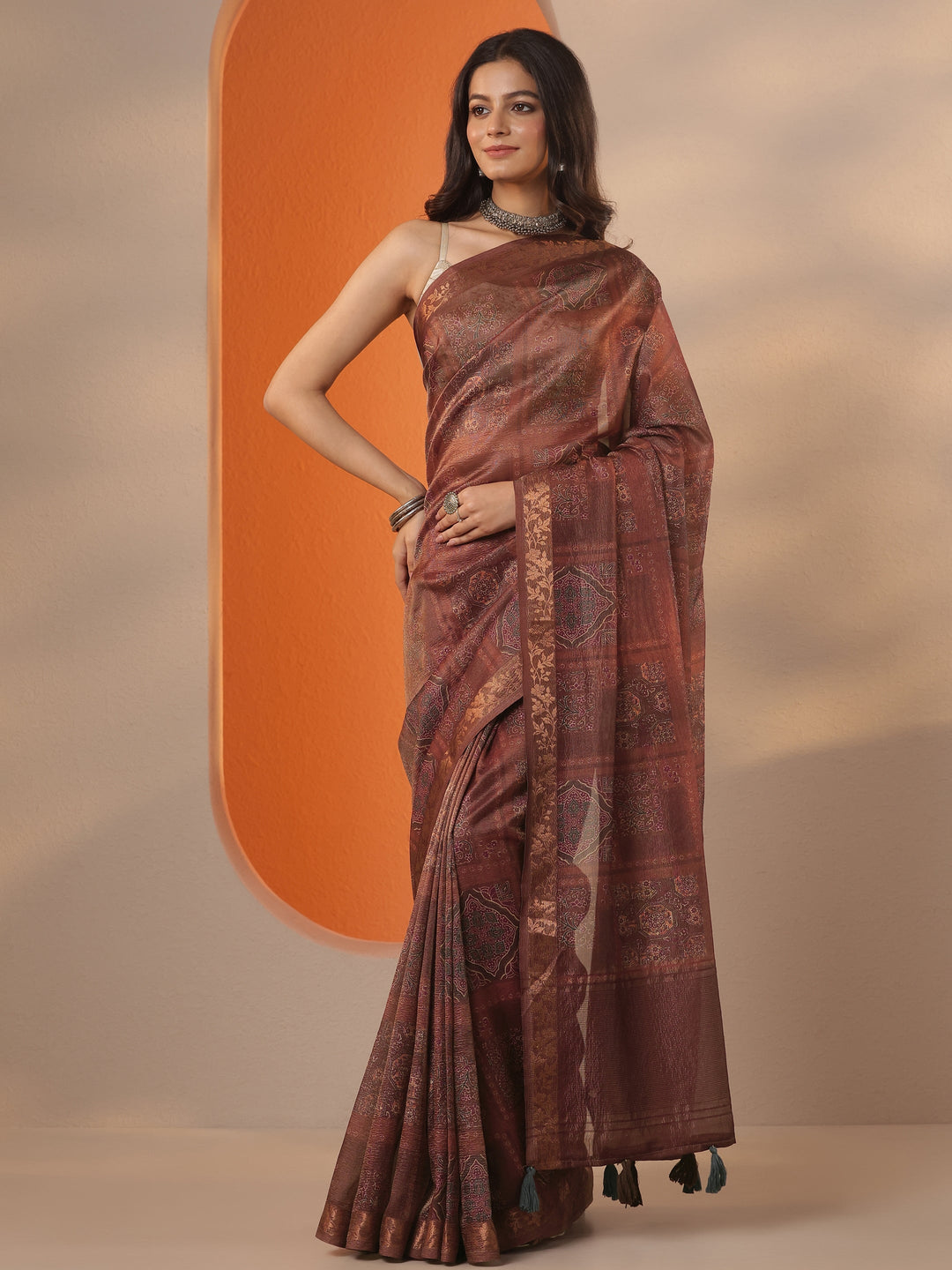  Brown Printed Chinon Saree With Unstitched Blouse Piece 