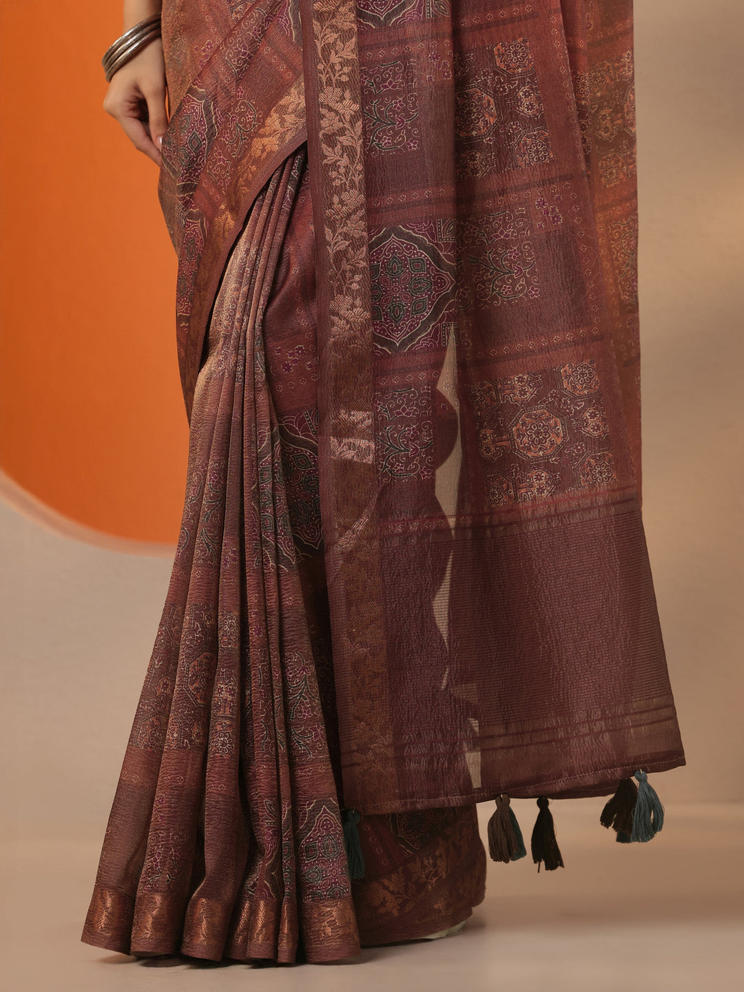  Brown Printed Chinon Saree With Unstitched Blouse Piece 