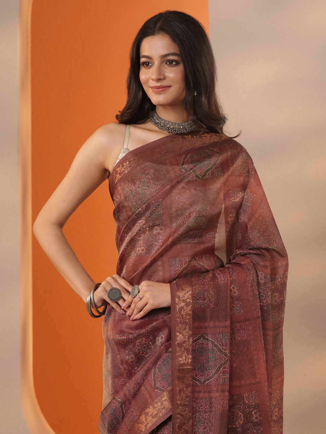  Brown Printed Chinon Saree With Unstitched Blouse Piece 