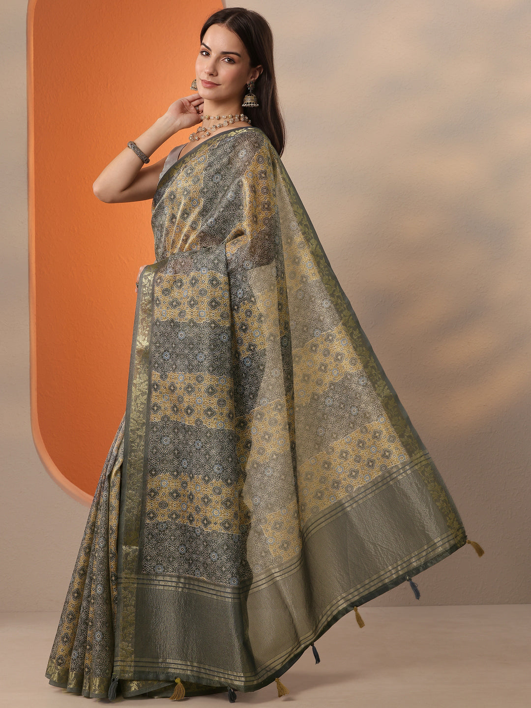  Blue Printed Chinon Saree With Unstitched Blouse Piece 