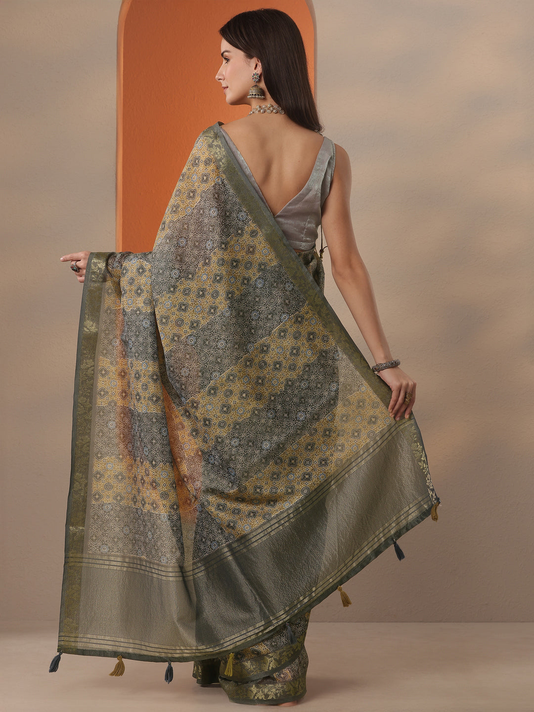 Blue Printed Chinon Saree With Unstitched Blouse Piece 