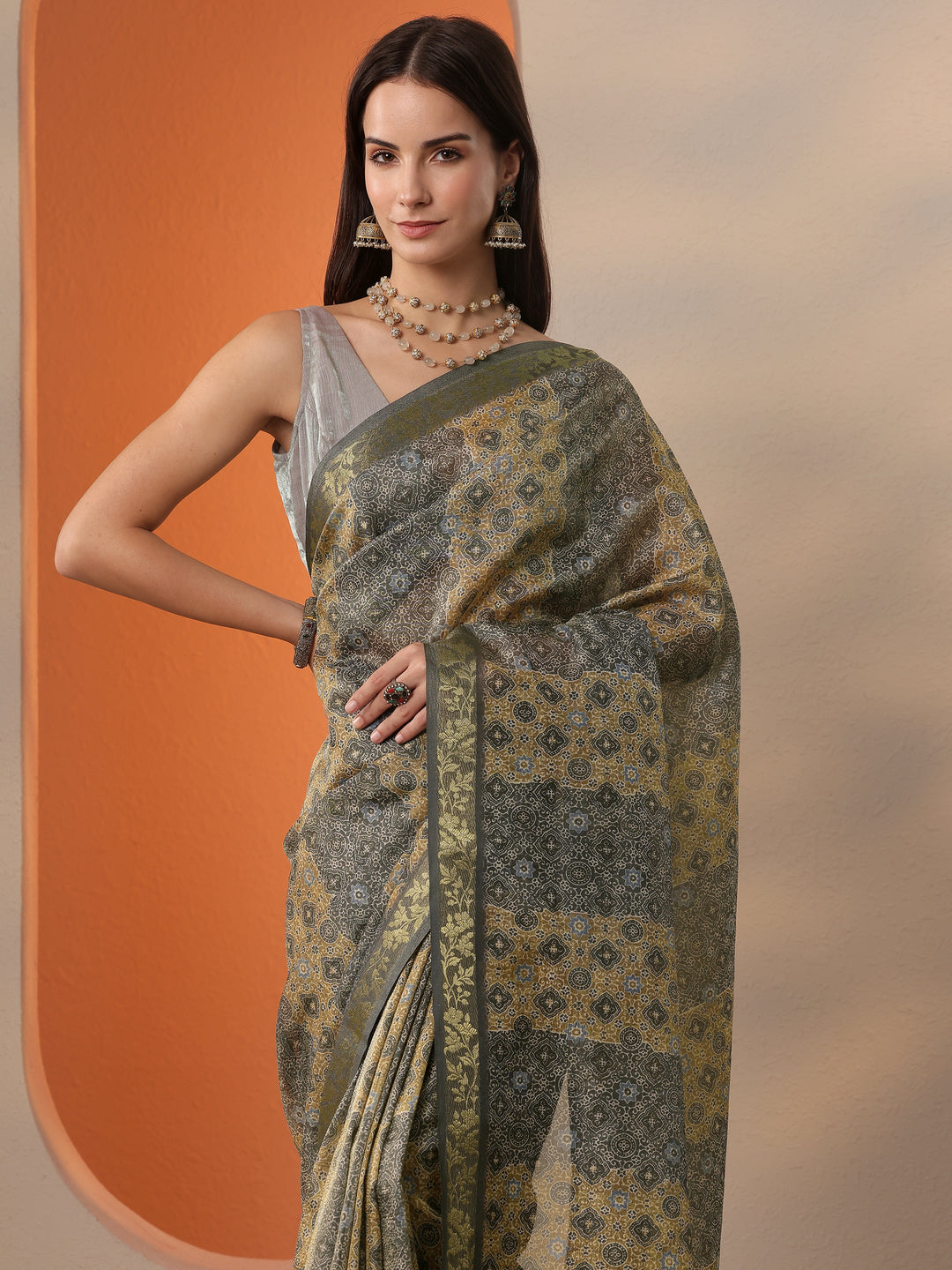  Blue Printed Chinon Saree With Unstitched Blouse Piece 