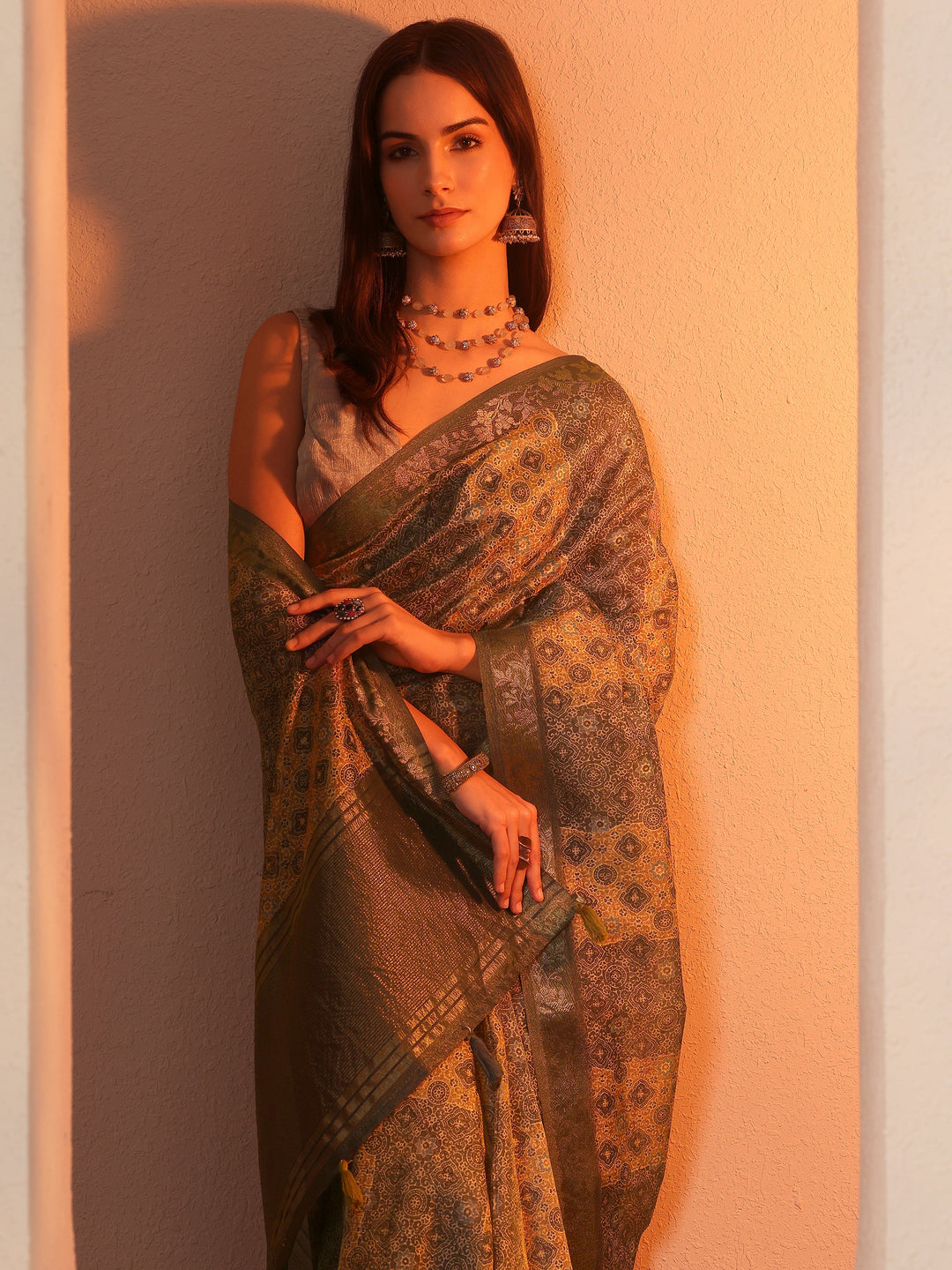  Blue Printed Chinon Saree With Unstitched Blouse Piece 