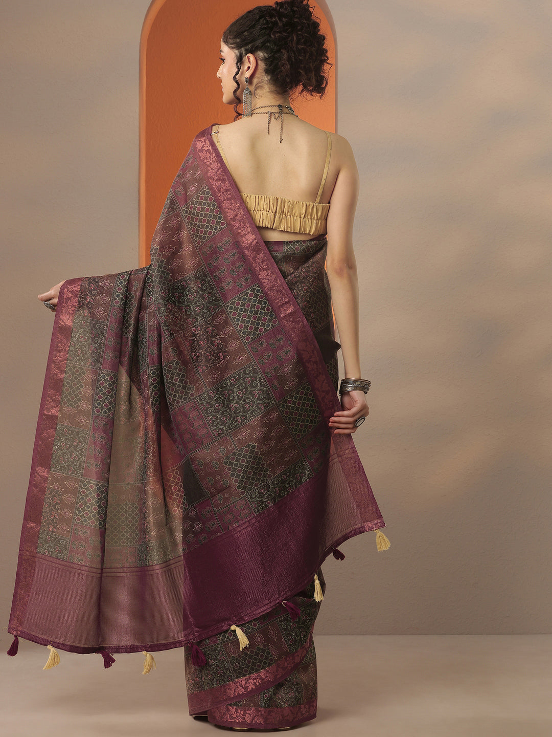  Brown Printed Chinon Saree With Unstitched Blouse Piece 