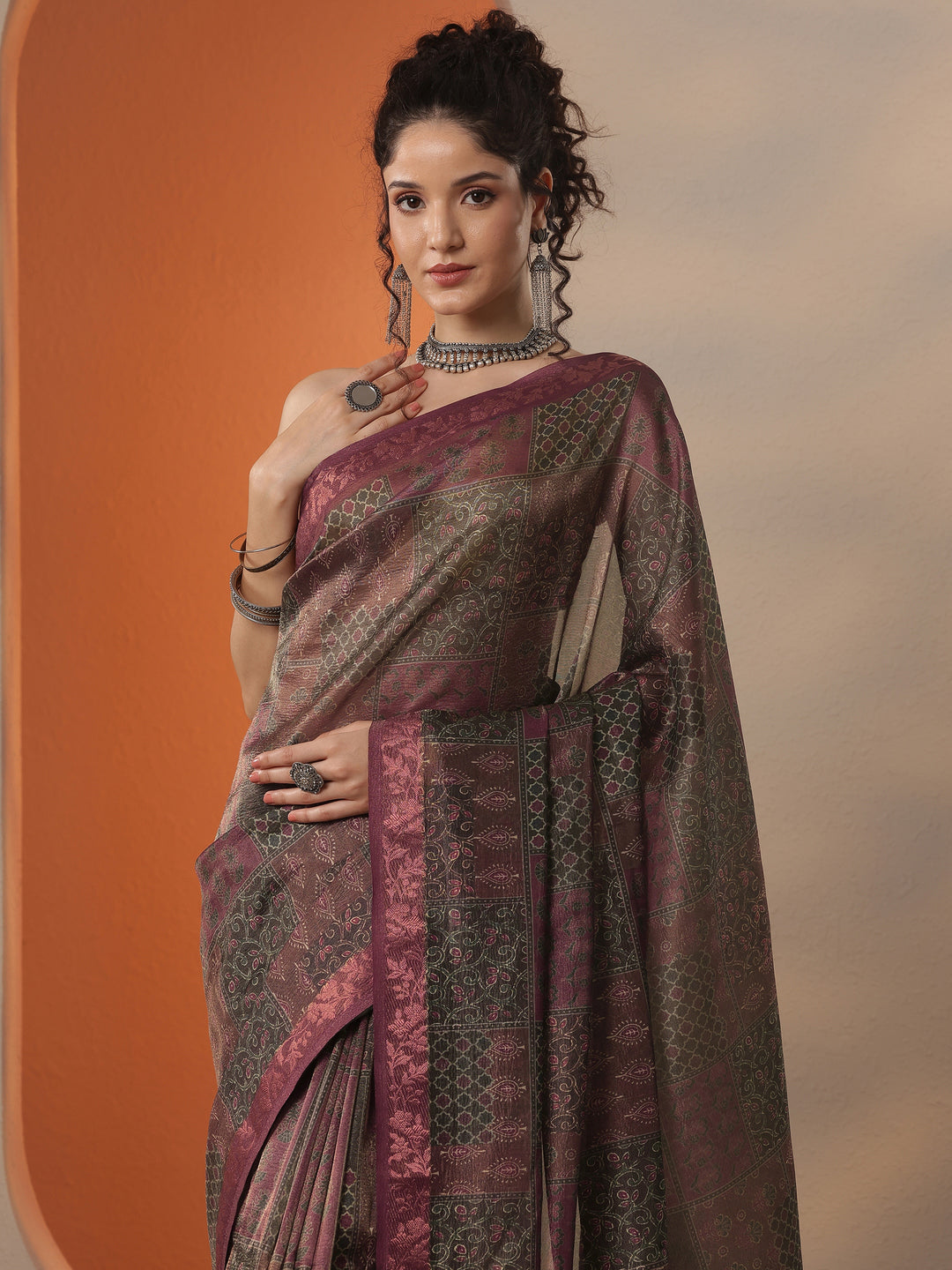  Brown Printed Chinon Saree With Unstitched Blouse Piece 