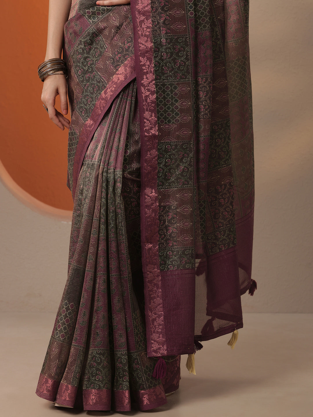  Brown Printed Chinon Saree With Unstitched Blouse Piece 