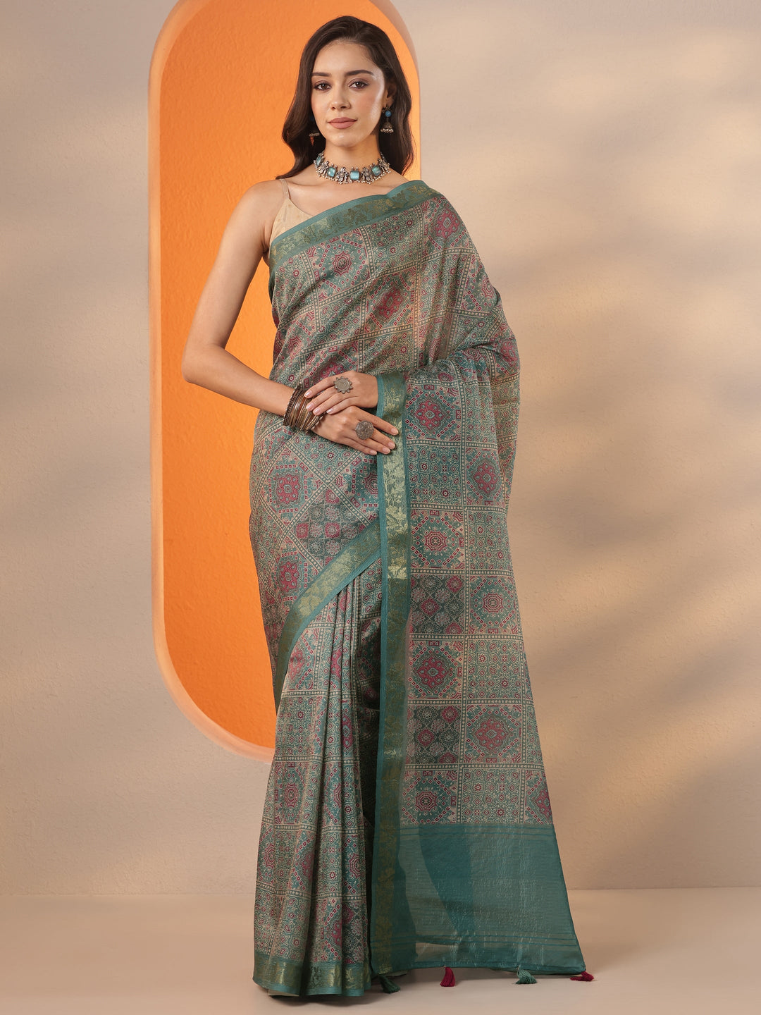  Green Printed Chinon Saree With Unstitched Blouse Piece 